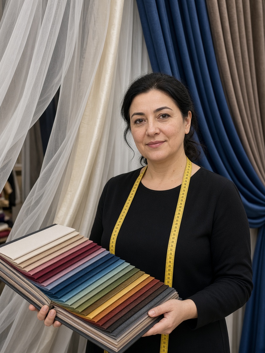 İpek Perde ustası elinde kumaş kartelasıyla